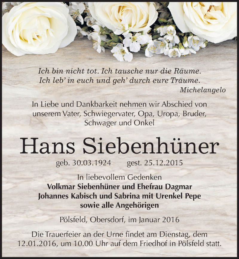  Traueranzeige für Hans Siebenhüner vom 02.01.2016 aus Mitteldeutsche Zeitung Sangerhausen