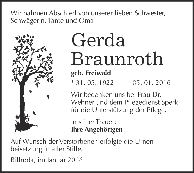  Traueranzeige für Gerda Braunroth vom 13.01.2016 aus WVG - Wochenspiegel NMB / WSF / ZTZ