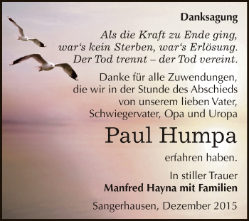 Traueranzeige von Paul Humpa von Super Sonntag SGH Mansf. Land