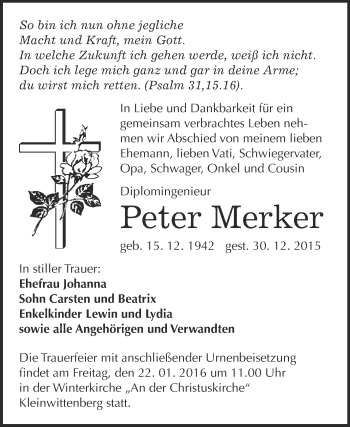 Traueranzeige von Peter Merker von WVG - Wochenspiegel Wittenberg