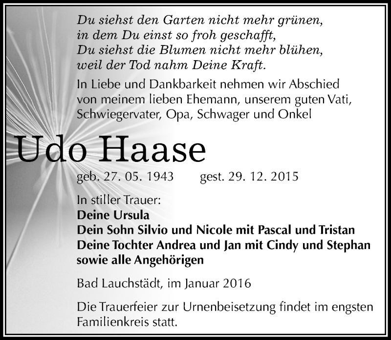  Traueranzeige für Udo Haase vom 12.01.2016 aus Mitteldeutsche Zeitung Merseburg/Querfurt