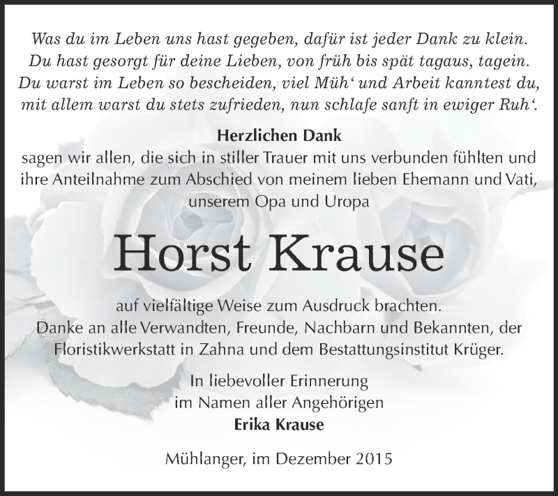  Traueranzeige für Horst Krause vom 16.01.2016 aus WVG - Wochenspiegel Wittenberg