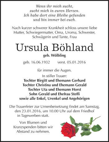 Traueranzeige von Ursula Böhland von Mitteldeutsche Zeitung Weißenfels