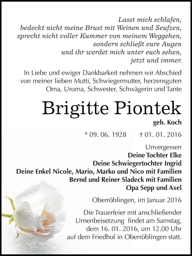  Traueranzeige für Brigitte Piontek vom 09.01.2016 aus Super Sonntag SGH Mansf. Land