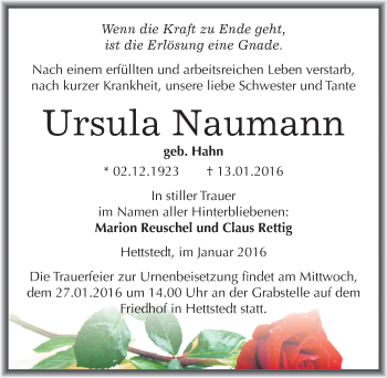 Traueranzeige von Ursula Naumann von Mitteldeutsche Zeitung Mansfelder Land