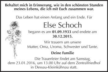 Traueranzeige von Else Schoch von WVG - Wochenspiegel Dessau / Köthen