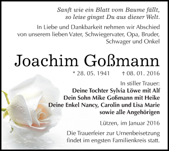 Traueranzeige von Joachim Goßmann von Super Sonntag Merseburg