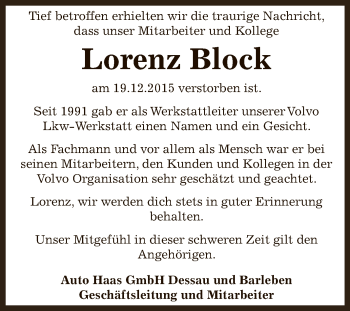 Traueranzeige von Lorenz Block von WVG - Wochenspiegel Dessau / Köthen