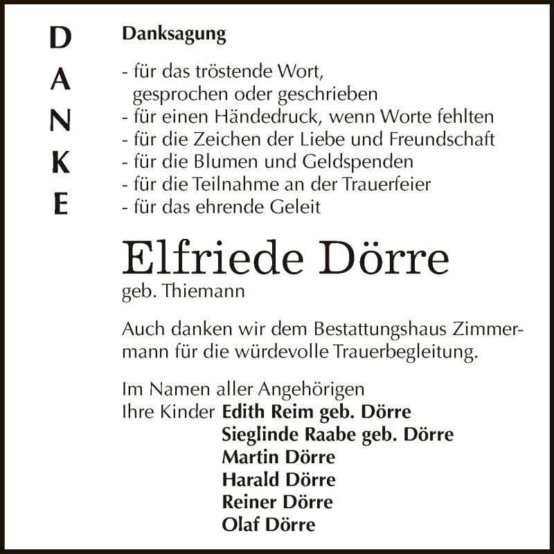  Traueranzeige für Elfriede Dörre vom 02.01.2016 aus WVG - Wochenspiegel Dessau / Köthen