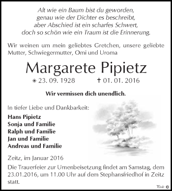 Traueranzeige von Margarete Pipietz von Super Sonntag Zeitz