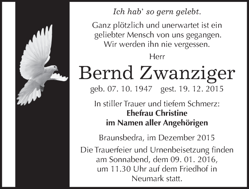  Traueranzeige für Bernd Zwanziger vom 02.01.2016 aus Mitteldeutsche Zeitung Merseburg/Querfurt