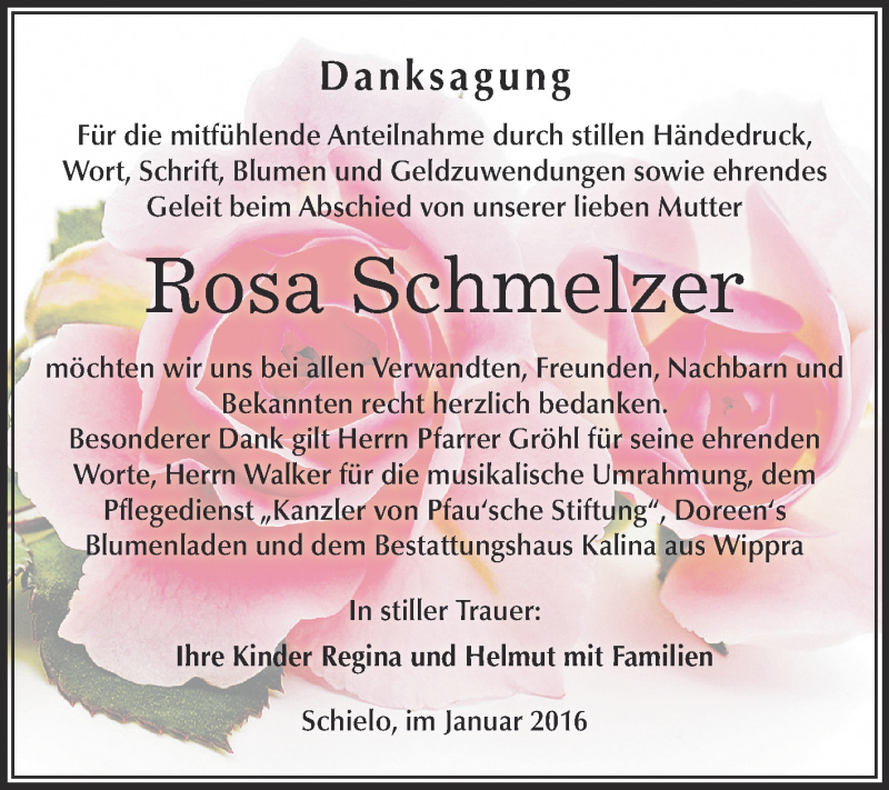  Traueranzeige für Rosa Schmelzer vom 16.01.2016 aus Super Sonntag SGH Mansf. Land