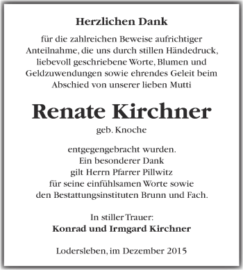 Traueranzeige von Renate Kirchner von Super Sonntag Merseburg