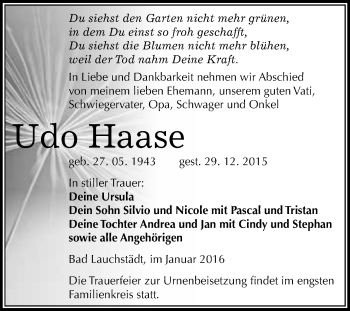 Traueranzeige von Udo Haase von WVG - Wochenspiegel Merseburg