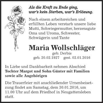 Traueranzeige von Maria Wollschläger von Super Sonntag Bernburg