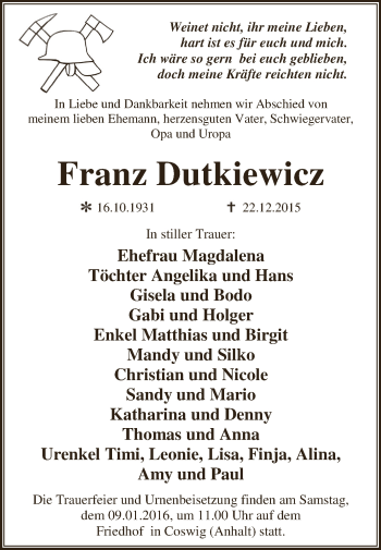 Traueranzeige von Franz Dutkiewicz von WVG - Wochenspiegel Dessau / Köthen