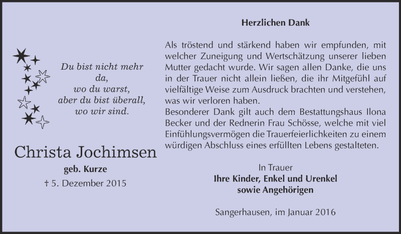  Traueranzeige für Christa Jochimsen vom 16.01.2016 aus Super Sonntag SGH Mansf. Land