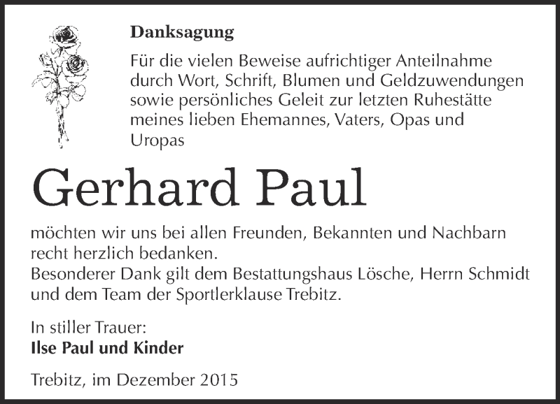  Traueranzeige für Gerhard Paul vom 16.01.2016 aus WVG - Wochenspiegel Wittenberg