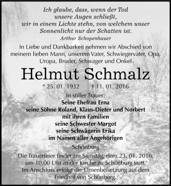 Traueranzeige von Helmut Schmalz von Mitteldeutsche Zeitung Naumburg/Nebra