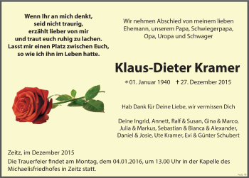 Traueranzeige von Klaus-Dieter Kramer von Mitteldeutsche Zeitung Zeitz