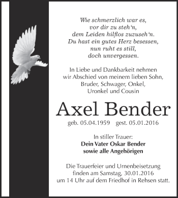 Traueranzeige von Axel Bender von Super Sonntag Wittenberg