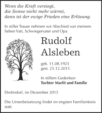 Traueranzeige von Rudolf Alsleben von WVG - Wochenspiegel Bernburg