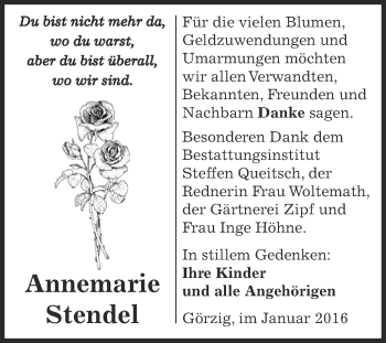 Traueranzeige von Annemarie Stendel von WVG - Wochenspiegel Dessau / Köthen