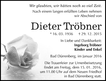 Traueranzeige von Dieter Tröbner von Mitteldeutsche Zeitung Merseburg/Querfurt