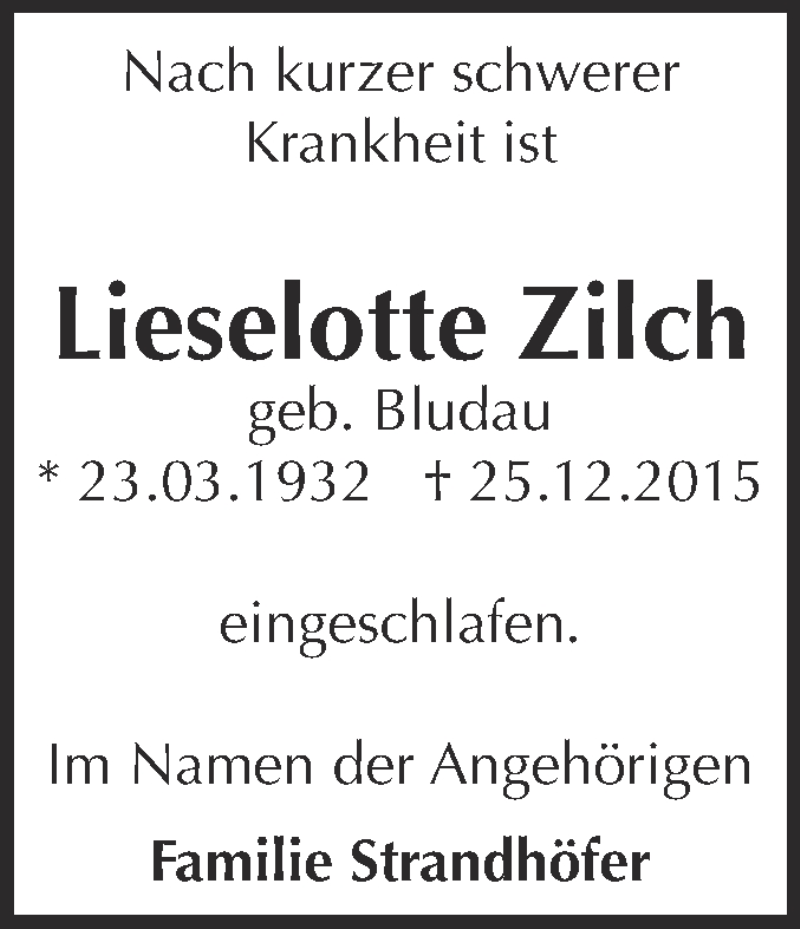  Traueranzeige für Lieselotte Zilch vom 09.01.2016 aus Super Sonntag SGH Mansf. Land
