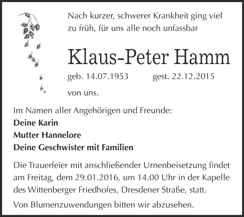 Traueranzeige für Klaus-Peter Hamm vom 16.01.2016 aus WVG - Wochenspiegel Wittenberg