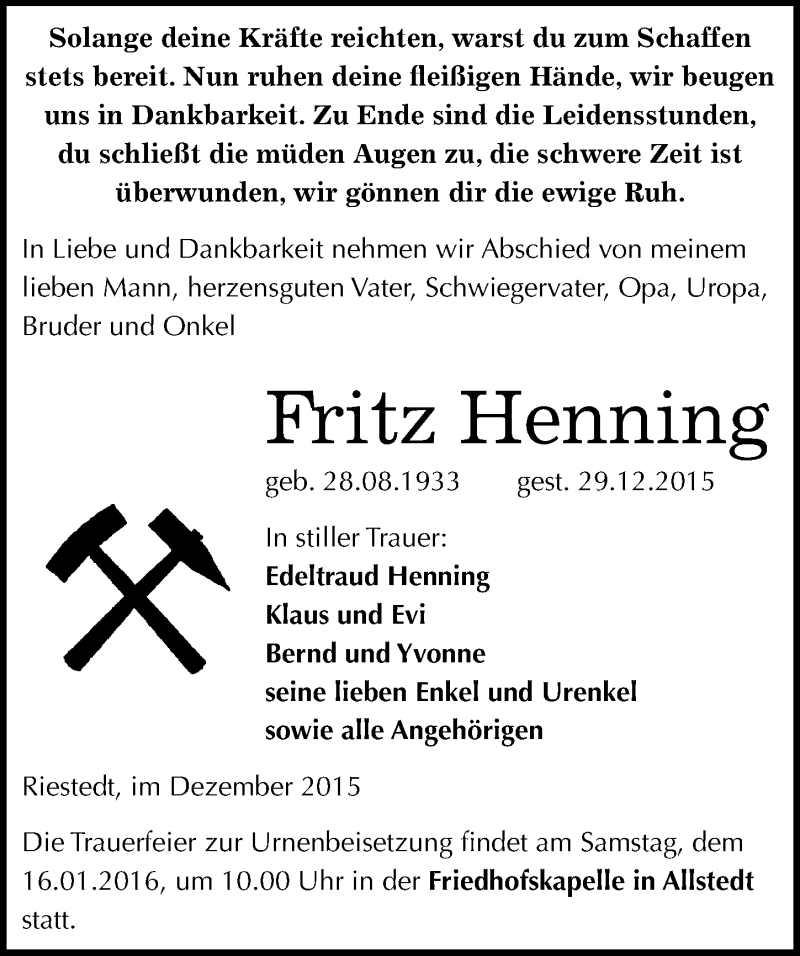  Traueranzeige für Fritz Henning vom 09.01.2016 aus Mitteldeutsche Zeitung Sangerhausen