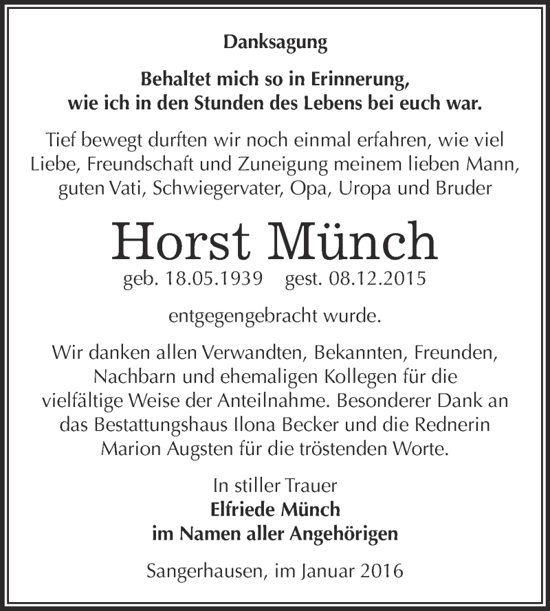  Traueranzeige für Horst Münch vom 09.01.2016 aus Super Sonntag SGH Mansf. Land