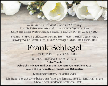 Traueranzeige von Frank Schlegel von Super Sonntag Zeitz