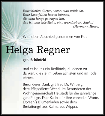 Traueranzeige von Helga Regner von Super Sonntag SGH Mansf. Land