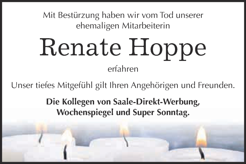  Traueranzeige für Renate Hoppe vom 16.01.2016 aus WVG - Wochenspiegel Dessau / Köthen