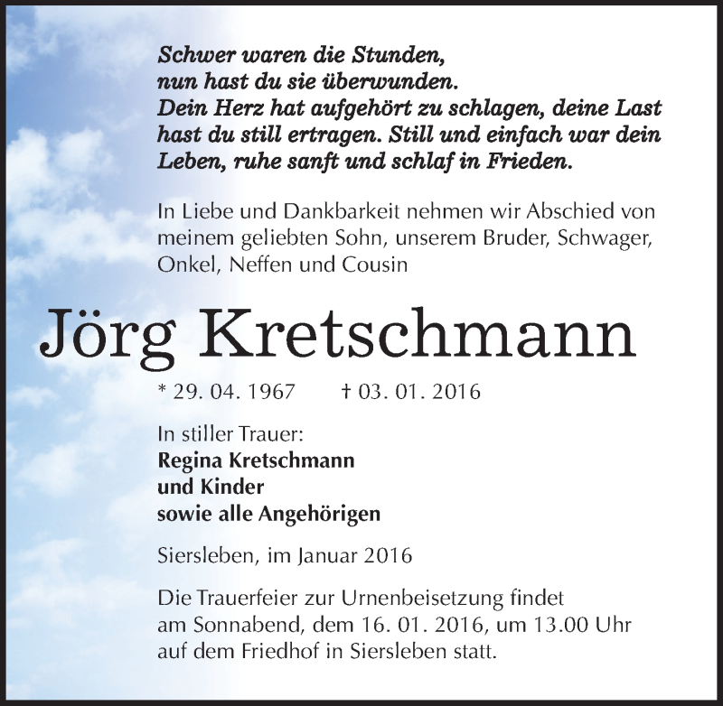  Traueranzeige für Jörg Kretschmann vom 09.01.2016 aus Mitteldeutsche Zeitung Mansfelder Land
