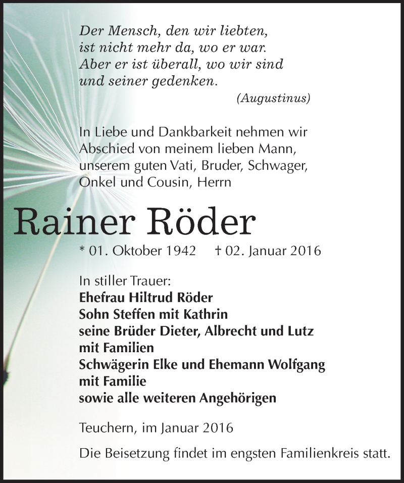  Traueranzeige für Rainer Röder vom 09.01.2016 aus Mitteldeutsche Zeitung Weißenfels