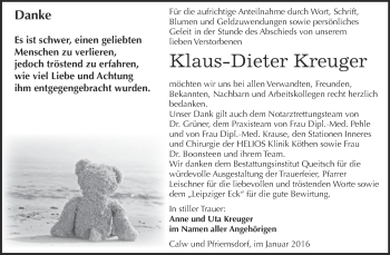 Traueranzeige von Klaus-Dieter Kreuger von WVG - Wochenspiegel Dessau / Köthen
