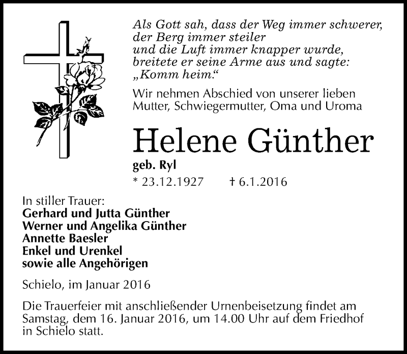  Traueranzeige für Helene Günther vom 09.01.2016 aus Mitteldeutsche Zeitung Quedlinburg