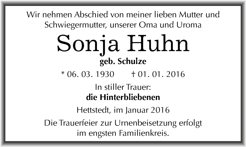  Traueranzeige für Sonja Huhn vom 05.01.2016 aus Mitteldeutsche Zeitung Mansfelder Land