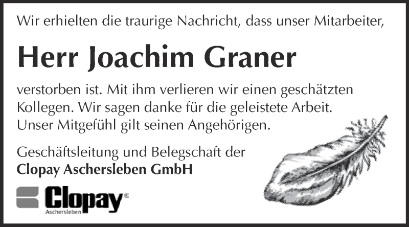  Traueranzeige für Joachim Graner vom 16.01.2016 aus Super Sonntag Aschersleben