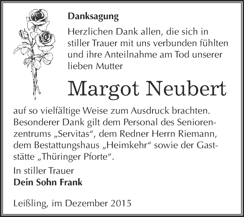  Traueranzeige für Margot Neubert vom 13.01.2016 aus WVG - Wochenspiegel NMB / WSF / ZTZ