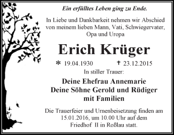 Traueranzeige von Erich Krüger von WVG - Wochenspiegel Dessau / Köthen