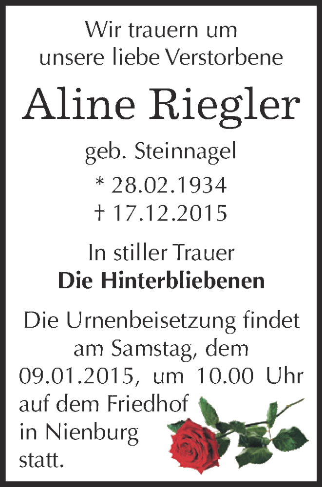  Traueranzeige für Aline Riegler vom 02.01.2016 aus Super Sonntag Bernburg