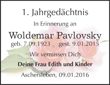 Traueranzeige von Woldemar Pavlovsky von Super Sonntag Aschersleben