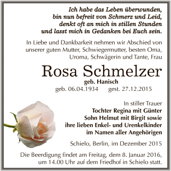 Traueranzeige von Rosa Schmelzer von Wochenspiegel Mansfelder Land