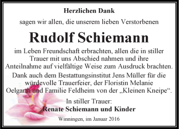 Traueranzeige von Rudolf Schiemann von Super Sonntag Aschersleben