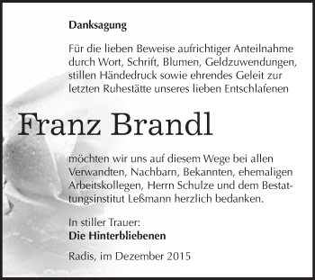 Traueranzeige von Franz Brandl von WVG - Wochenspiegel Wittenberg