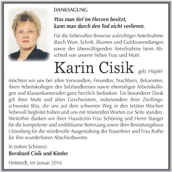 Traueranzeige von Karin Cisik von Wochenspiegel Mansfelder Land