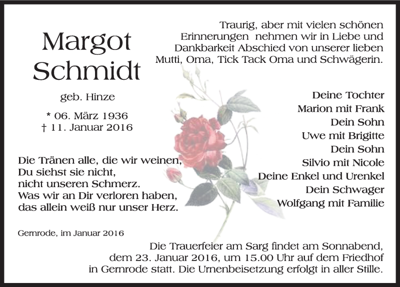  Traueranzeige für Margot Schmidt vom 16.01.2016 aus Mitteldeutsche Zeitung Quedlinburg